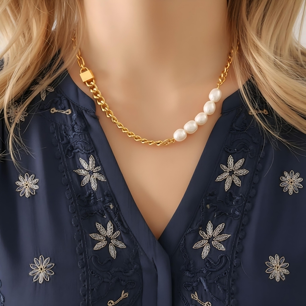 Padlock Freshwater Pearl Chain 18k Gold Plated Stainless Steel Chic Necklace 45$